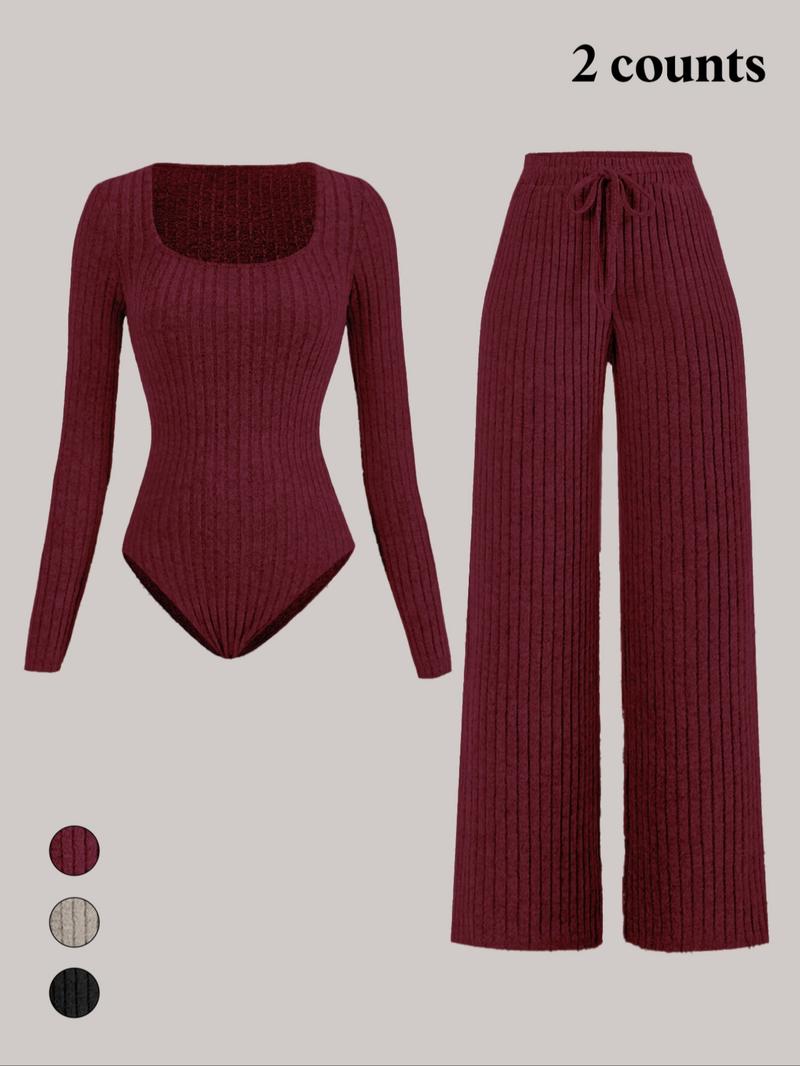 Women's Slim-Fit Solid Color Ribbed Fleece Jumpsuit Set, Wide Leg Pants, Fashionable Comfortable Fabric for Daily Wear
