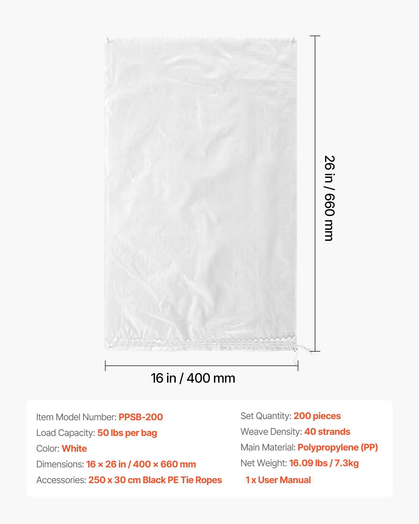 VEVOR Empty Sandbags, 200 Packs 16 x 26 in, Heavy Duty Sand Bags Sacks with Ties, 50lb Capacity Woven Polypropylene Sandbags, Tear-Resistant & UV-Resistant Sand Bags for Flood Protection Barrier