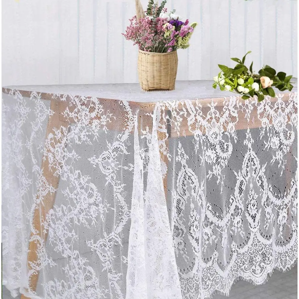 White Lace Tablecloth 60 * 120 Inch for Rustic Boho Wedding Bridal Shower Decoration, Rectangle Overlay Long Vintage Embroidered Reception Table Cloth Decor
