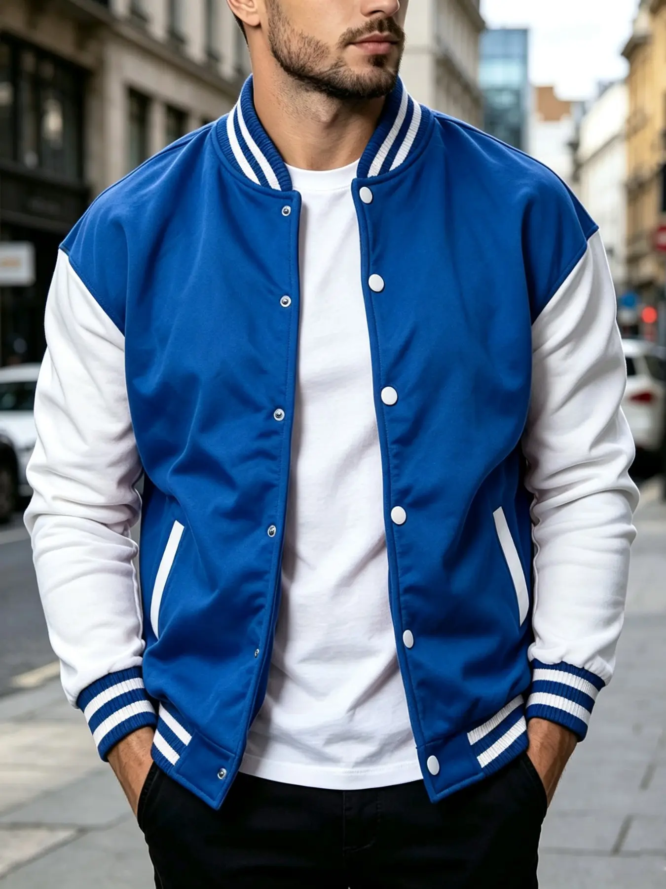 Men's Baseball Jacket, Button-Up Baseball Coat, Ribbed Neckline Hem, Loose-Fit Casual College Style, Fall Winter Streetwear Outerwear, Trendy Outerwear