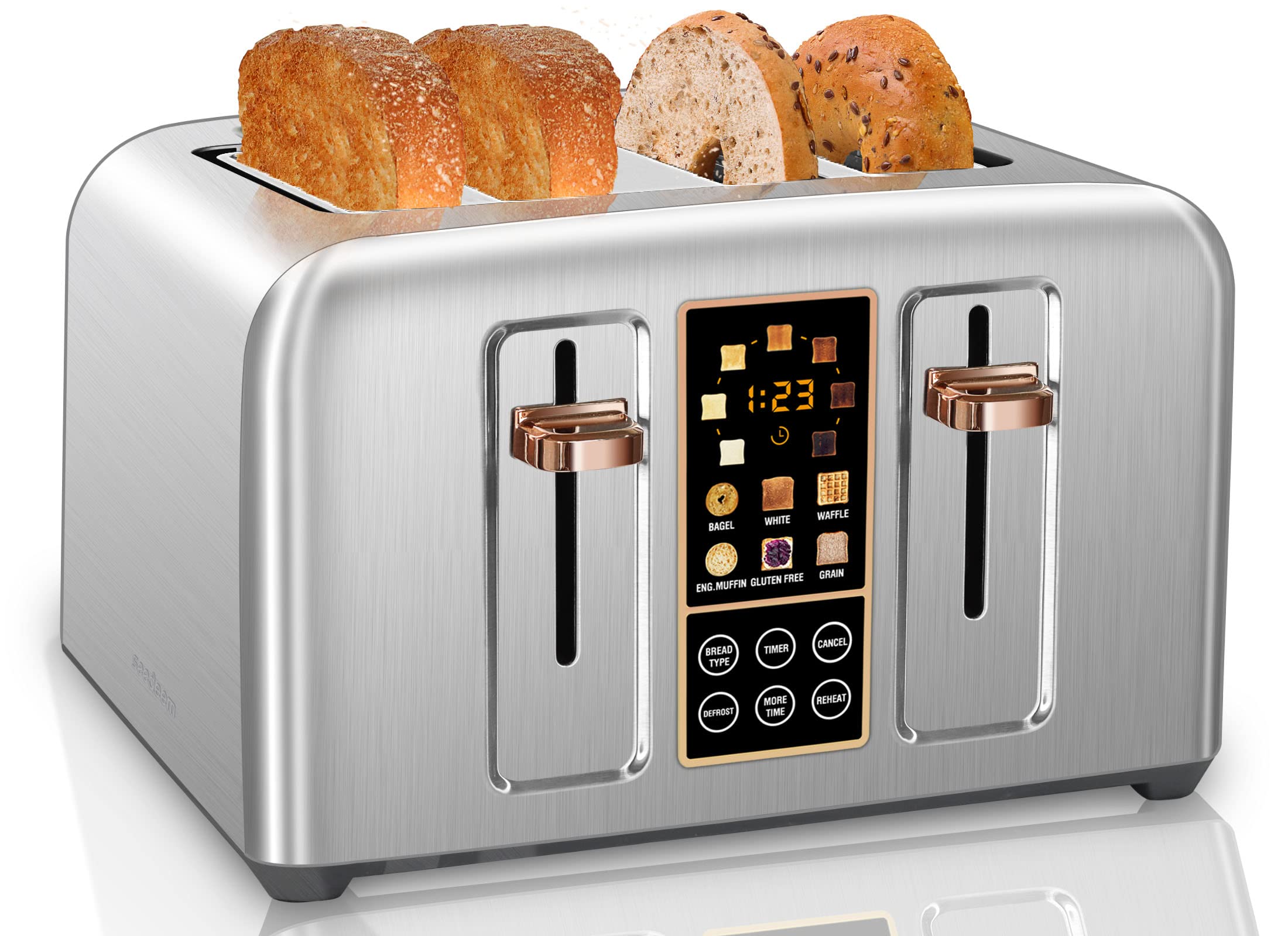 Toaster 4 Slice, Stainless Toaster LCD Display, Touch Buttons, 6 Bread Selection, 7 Shade Settings, 1.4''Wide Slots Toaster Cancel, Defrost, Reheat, Removable Crumb Tray, 1800W Home Kitchen Appliances Multifunction Steel