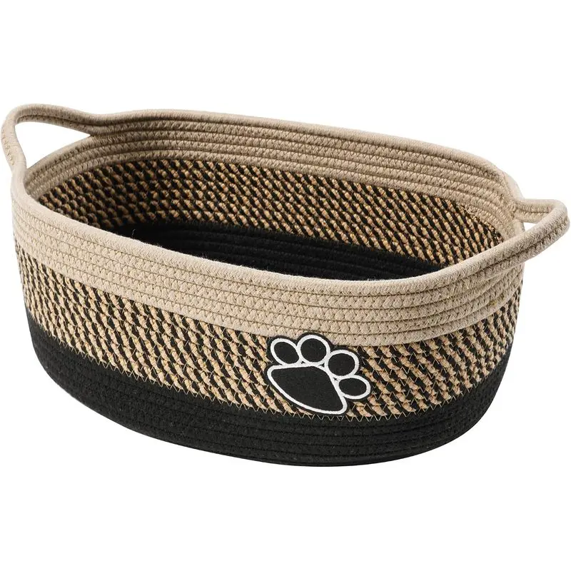 Small Woven Baskets for Organizing Rope Storage Basket with Handle Cute Cotton Nursery Gift Dog Toy Bins Organizer-Light Beige