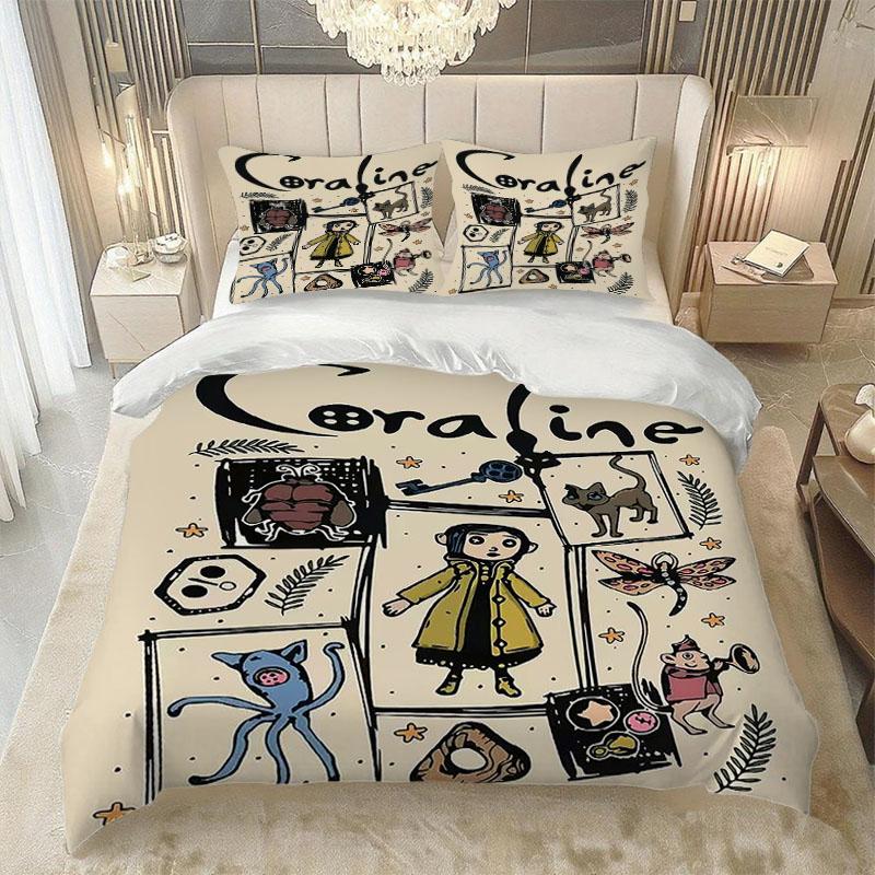 3pcs C-coraline Comic  Theme Bedding Set, Light Base, Vintage Fun Fantasy Dark Style, 1 Fitted Sheet + 2 Pillowcases, Soft