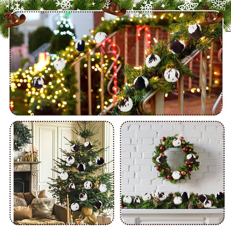 Christmas Clearance Sale Western Cowboy Christmas Ornaments Set Plastic/Plush Cow Print Christmas Balls with Bow, Christmas Decor Cowboy Hat Western Decor Wooden Hanging Decorations for Xmas Tree Farmhouse Country Holiday Party Home Decor Christmas Gifts
