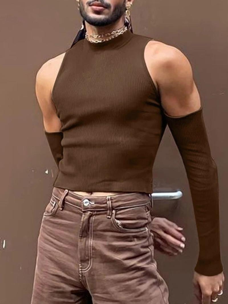 Men's Slim Cold Shoulder Mock Neck Crop Tank Top, Cut Out Long Sleeve T-shirt for Spring & Fall, Comfort Basic Minimalist Menswear for Daily Wear
