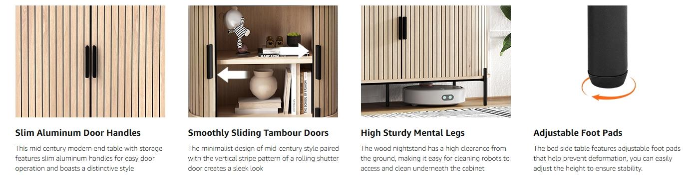 [SpringStatements] EBELLO Grooved End Table with Charging Station, Mid-Century Modern Nightstand, Entryway Cabinet for Living Room, Bedroom, Small Spaces, Walnut