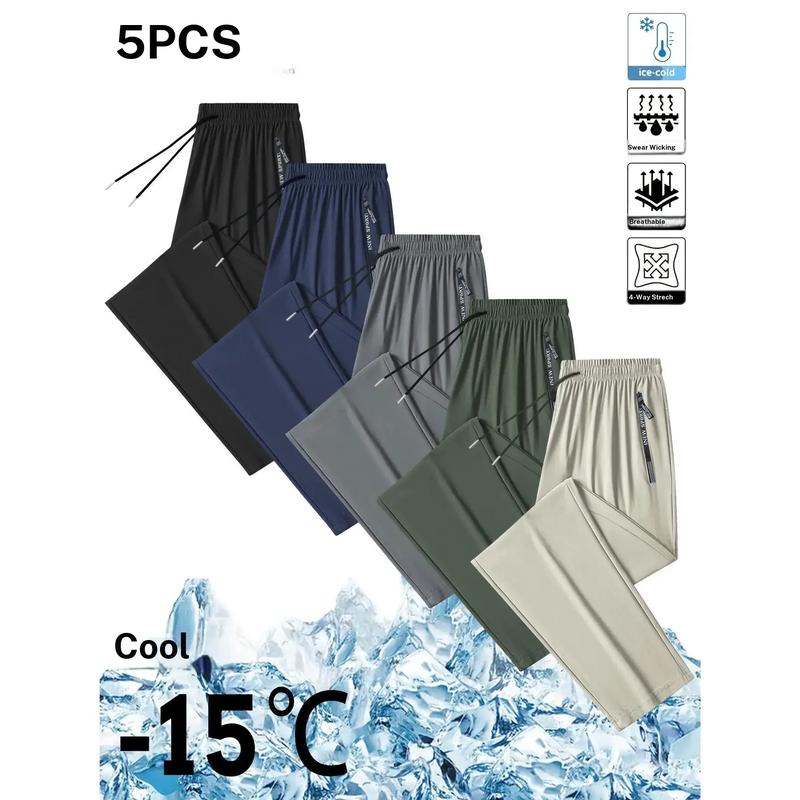 Male 5-Pack Full-Length Outdoor Running Joggers, Solid Colors Polyester-Blend (17.9% Spandex) Fitted Sporty Pants, Plus Size, Quick Dry, Breathable, Machine Washable, All Seasons Wear, 5-Color Combination 1