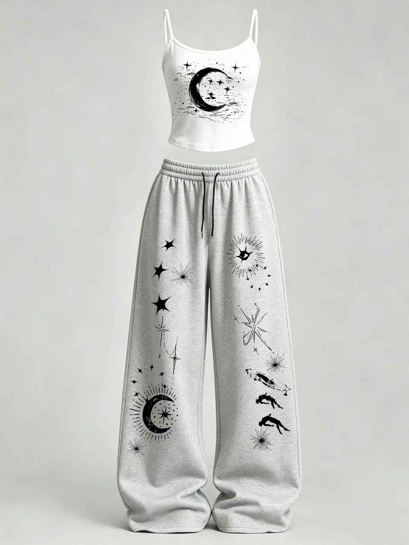 Women's Casual Star Moon Print Slim Fit Tank Top + Loose Pants Set, Y2K American Street Style, Daily Commute, Campus, Home Wear
