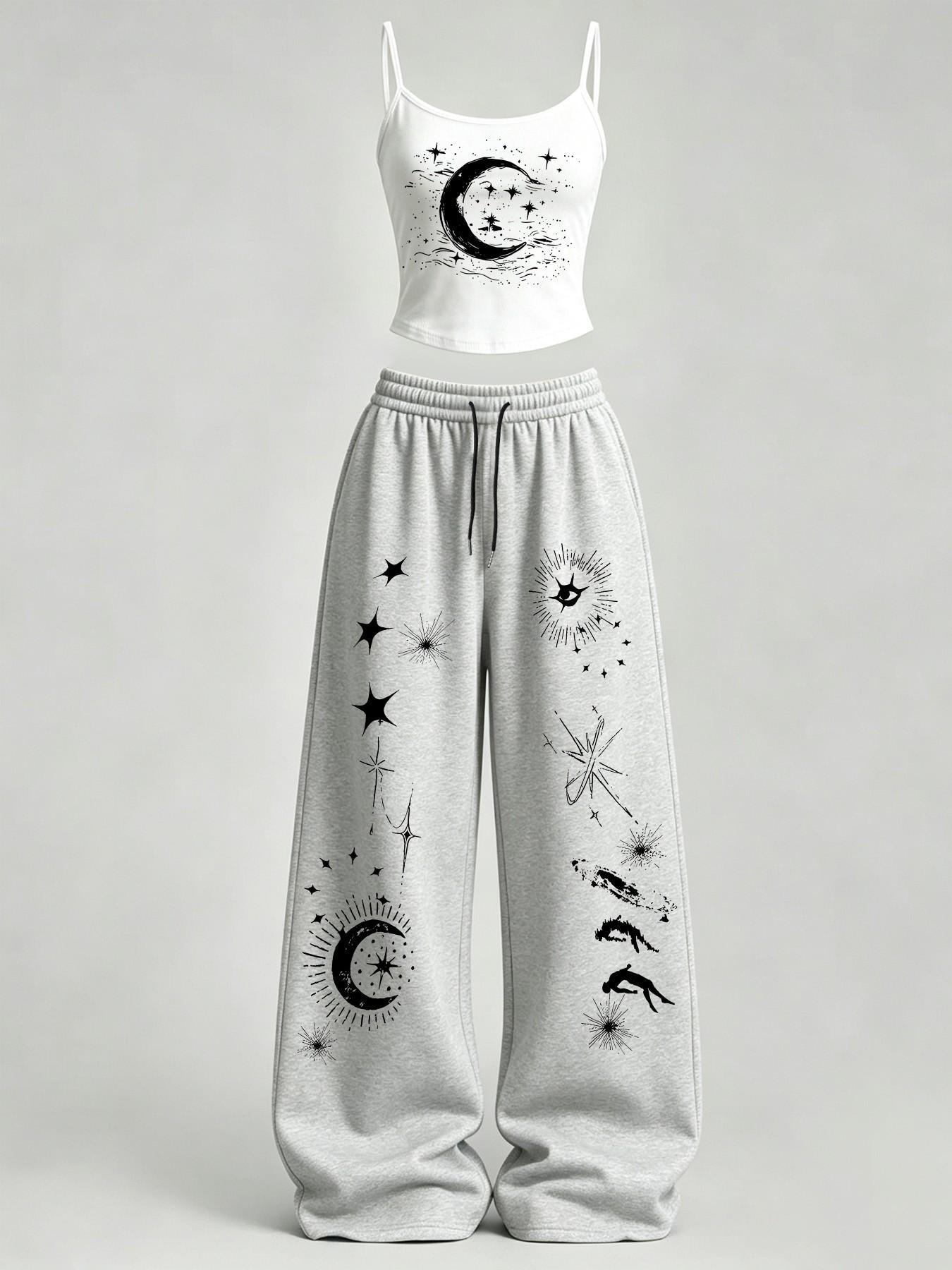 Women's Casual Home Wear Set, Star Moon Print Slim Fit Top + Loose Baggy Pants, Y2K Street Style, for Daily Commute, Campus, Home Relaxation Women's Casual Home Wear Set, Star Moon Print Slim Fit Top + Loose Baggy Pants, Y2K Street Style, for Daily Commute, Campus, Home Relaxation