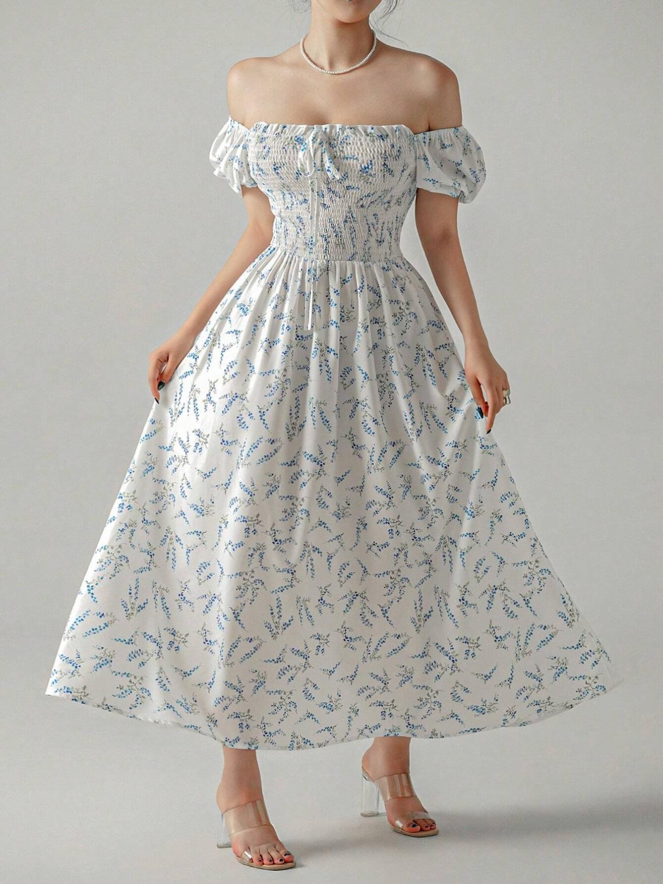 Women's Spring Summer Floral Print Puff Sleeve Dress with Bow Tie, Elegant Fitted Design with Adjustable Square Neck, Long Princess Skirt Womenswear