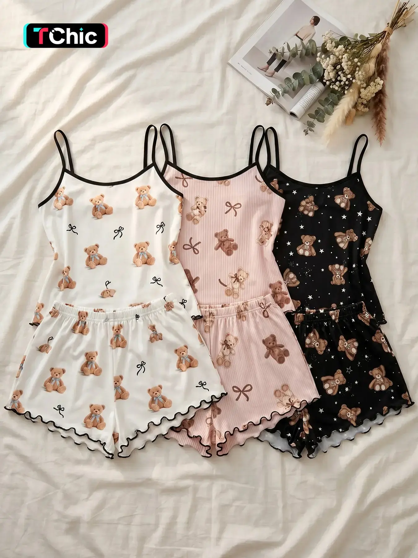 Women's 3 Pack Cami Top and Shorts Pajama Set, Spaghetti Strap, Spring Summer Wear, Kawaii Cartoon Teddy Bear Bow Print, Cute Playful Style, Adorable Casual Sleepwear for Women