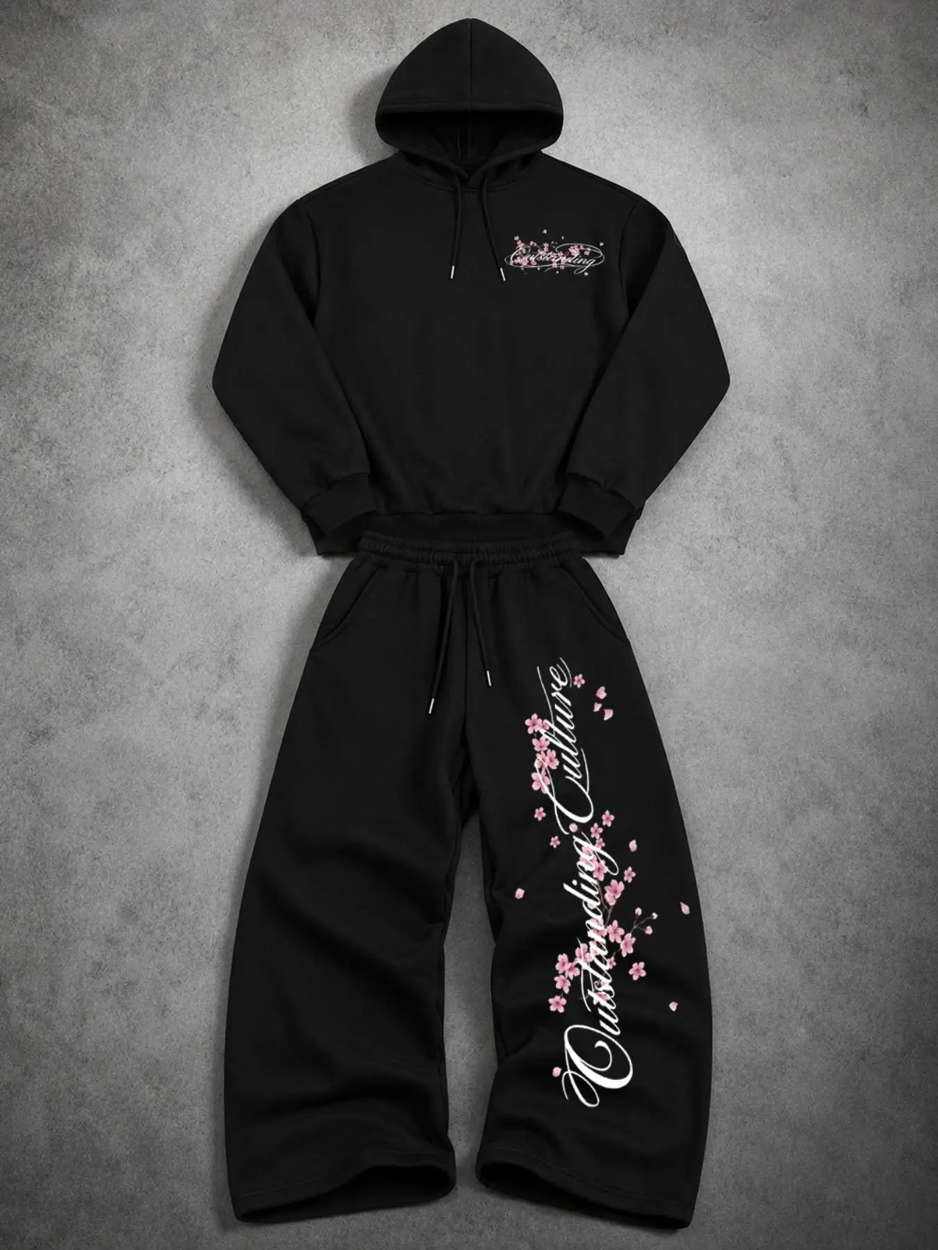Men 2 Piece Tracksuit Black Cropped Hoodie Wide Leg Baggy Sweatpants Set, Athleisure Wear Set Cherry Blossom Floral Print Lightweight Soft Fabric Dark Grunge Hip Hop Streetwear Outfit Breathable Stretch Elastic Drawstring Loungewear For School Jogging