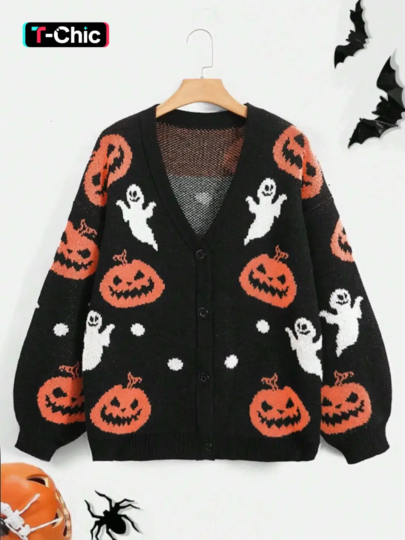 Women's Halloween Pumpkin Ghost Knit Cardigan Sweater, Soft Comfortable Colorblock Retro Design, Unique Fall Winter Fashion Top