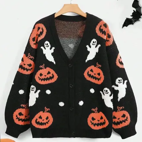 Women's Halloween Pumpkin Ghost Loose Fitting Knit Cardigan Sweater, Soft Comfortable Colorblock Retro Design, Unique Fall Winter Fashion Top