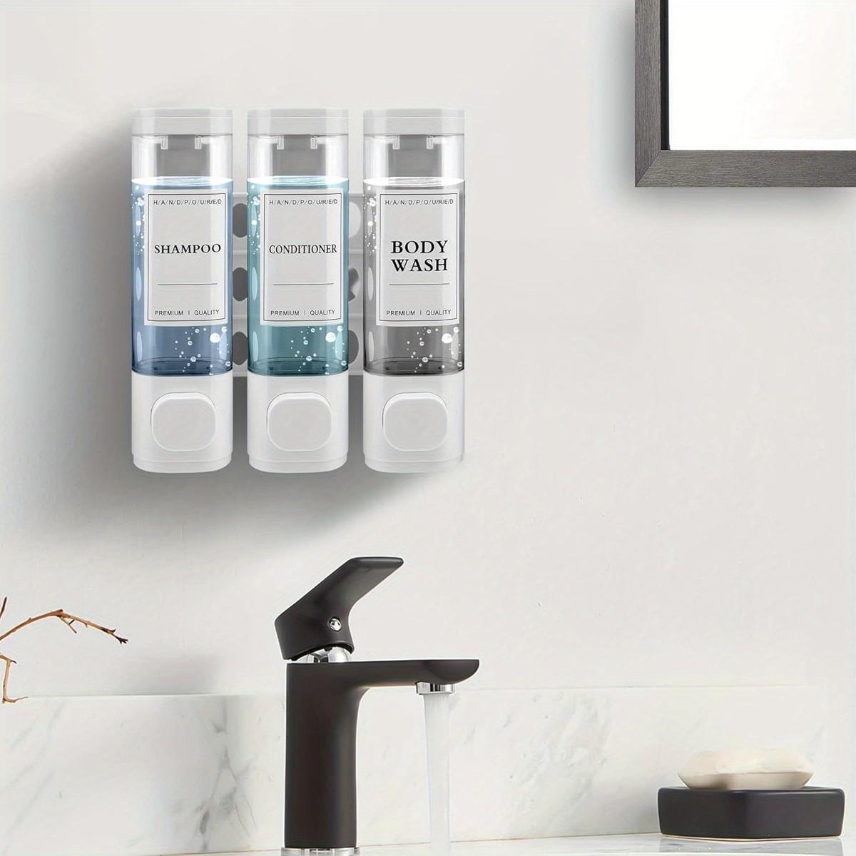 3-In-1 Square Shower Dispenser, Wall-Mounted Shampoo, Conditioner, Soap Dispenser, No Drilling, Bathroom & Hotel Use, Stylish Triple Organizer