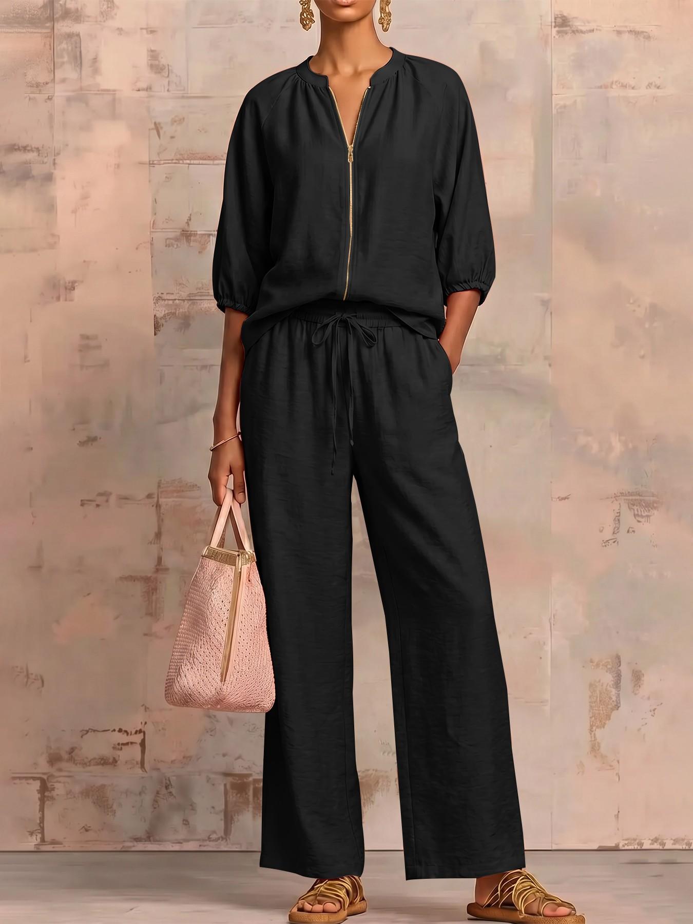 Minimalist Textured Matching Suit, Front Zip Blouse, Loose-Fit Casual for All Seasons, Adult Women's Clothing Set，loungewear set ，Vintage Casual Co-ord Outfit, Soft comfy fabric, skin-friendly, Casual Lounge Sets