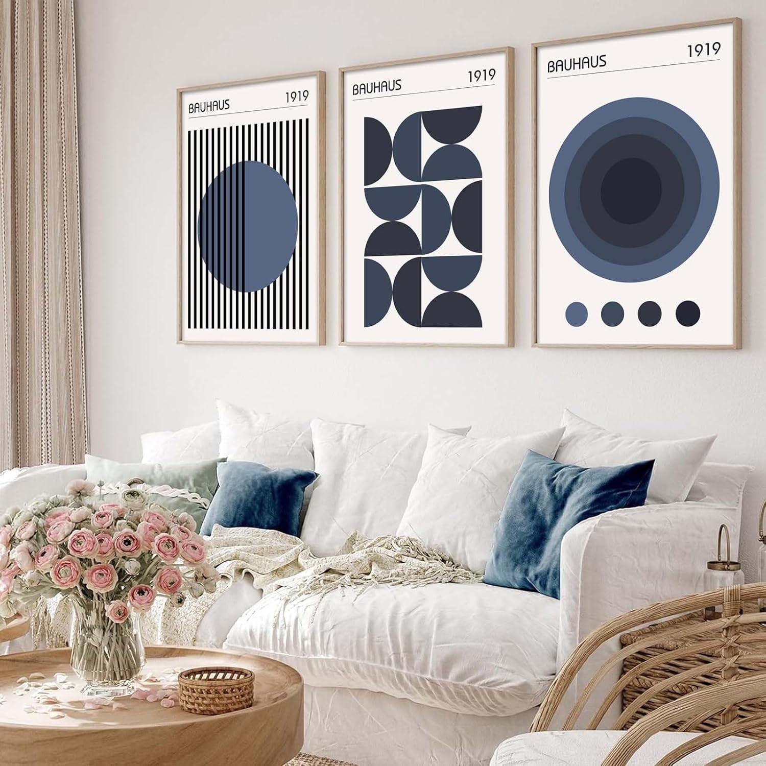 3pcs/set Minimalist Geometric Wall Art Bauhaus Exhibition Poster Abstract Shape Prints Mid Century Modern Artwork Boho Modern Pictures Abstract Geometric Painting Blue Bauhaus Poster for Room Unframed