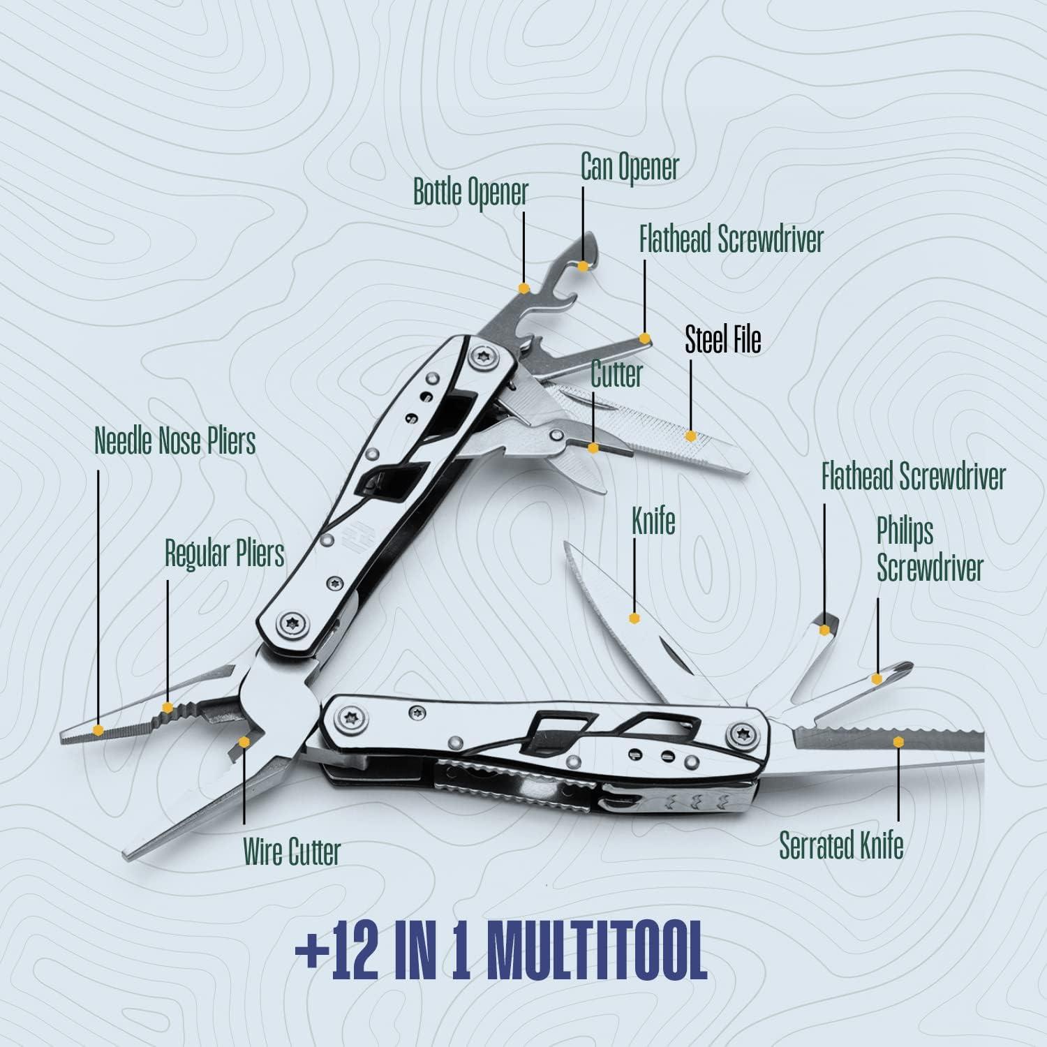 12-in-1 Stainless Steel Pocket-Size Plier Multitool with Safety Lock, 1-Handed EDC Gear, Durable 12-in-1 Multitools & Accessories for Camping Survival