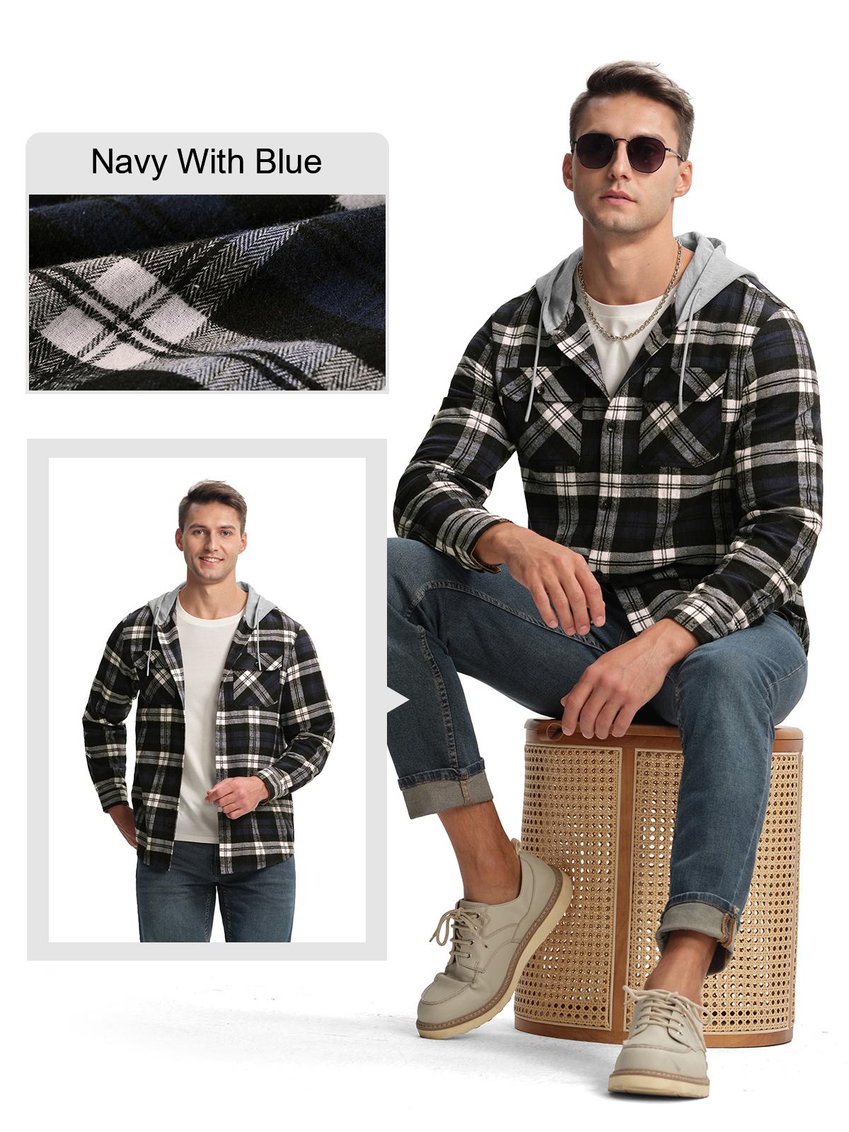 Gopune Men's Casual Flannel Plaid Button Hooded Shirts Lightweight Outdoor Jacket