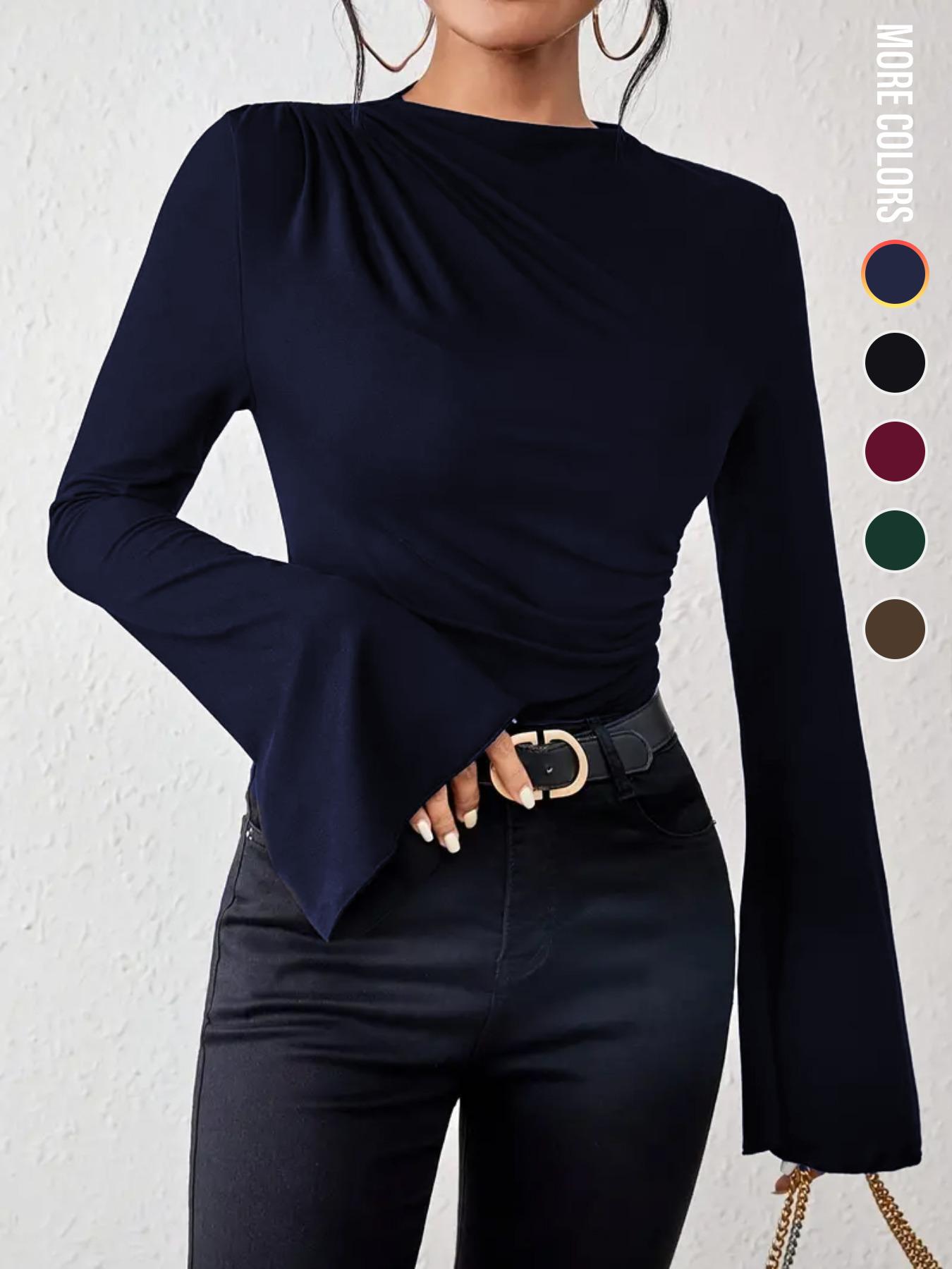 Women's Plain Ruched Flounce Sleeve Tee, Elegant Long Sleeve Stand Collar T-Shirt for Spring & Fall, Womenswear, Women's Top for Daily Wear