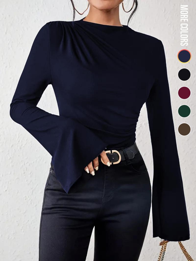 Women's Plain Ruched Flounce Sleeve Tee, Elegant Long Sleeve Stand Collar T-Shirt for Spring & Fall, Womenswear, Women's Top for Daily Wear