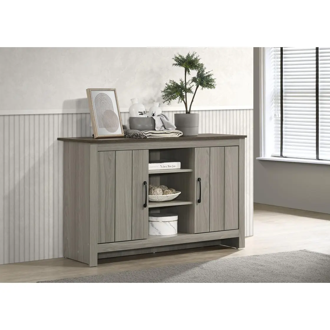 47-Inch Gray Oak Console Table, Buffet Table, Sideboard with Cabinet Doors and Shelves for Living Room