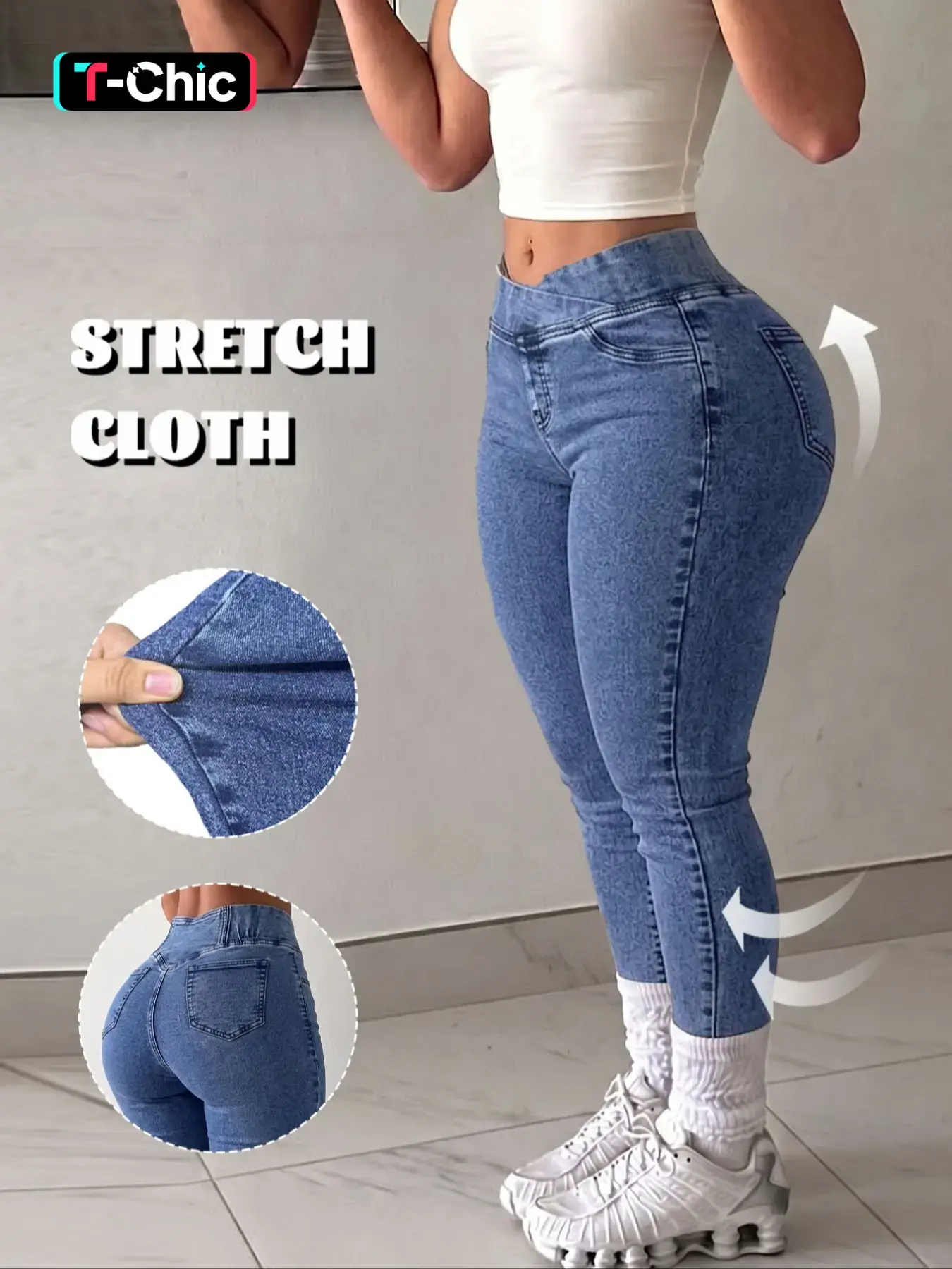 Women's Dark Blue Wash Crossover V Elastic Mid Waist High Stretch Butt Lifting Skinny Denim Jeggings, Slim Fit Ankle Length Stretchy Pants, Casual Daily Wear Lounge Commute Outfits for Women TChic Jean
