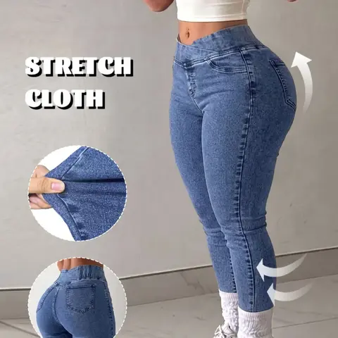 Women's Dark Blue Wash Crossover V Elastic Mid Waist High Stretch Butt Lifting Skinny Denim Jeggings, Slim Fit Ankle Length Stretchy Pants, Casual Daily Wear Lounge Commute Outfits for Women TChic Jean