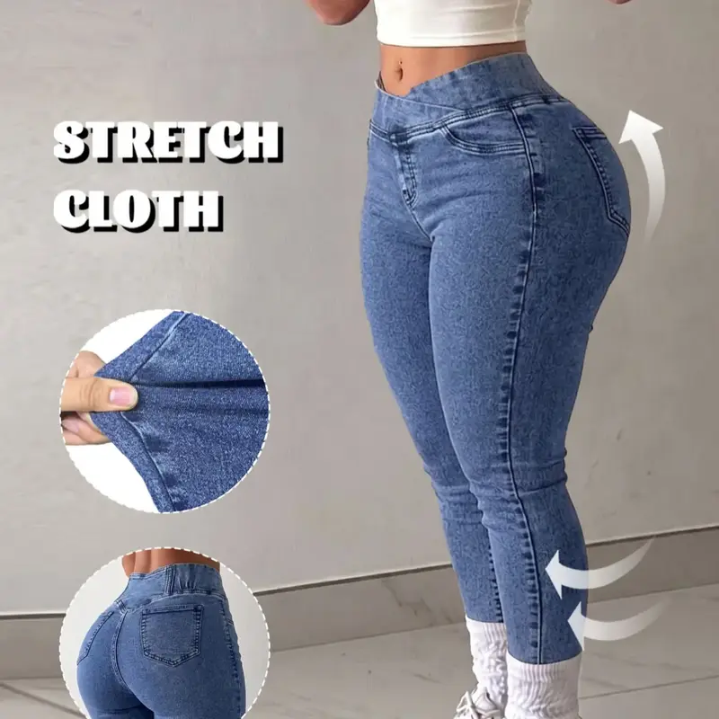 Women's Dark Blue Wash Crossover V Elastic Mid Waist High Stretch Butt Lifting Skinny Denim Jeggings, Slim Fit Ankle Length Stretchy Pants, Casual Daily Wear Lounge Commute Outfits for Women TChic Jean