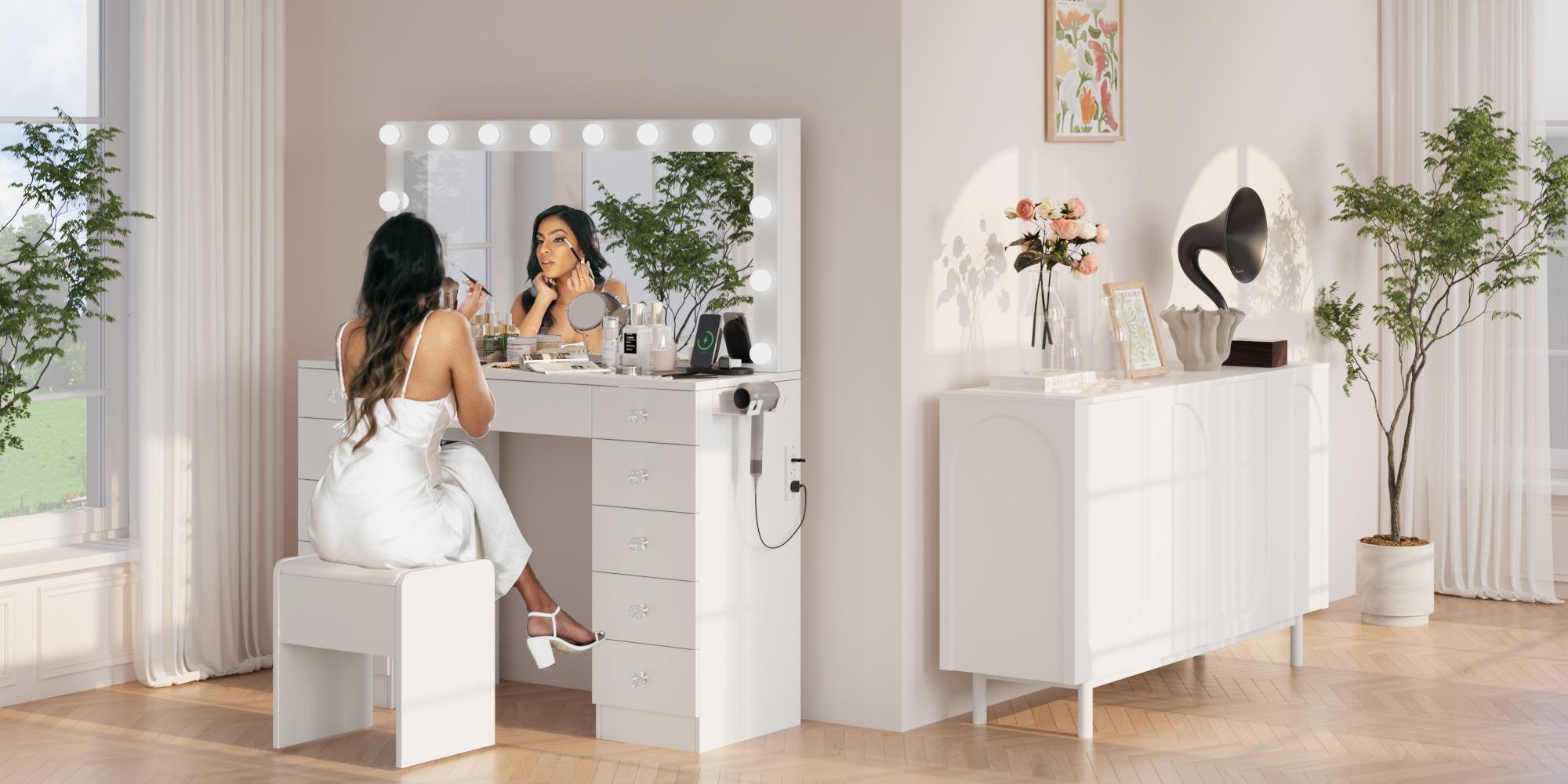 VOWNER 46" Vanity Table with Lighted Mirror – 3 Lighting Modes, Built-In Power Strip, 11 Drawers, Tempered Glass Desktop & 10X Magnifying Mirror with Suction Cups