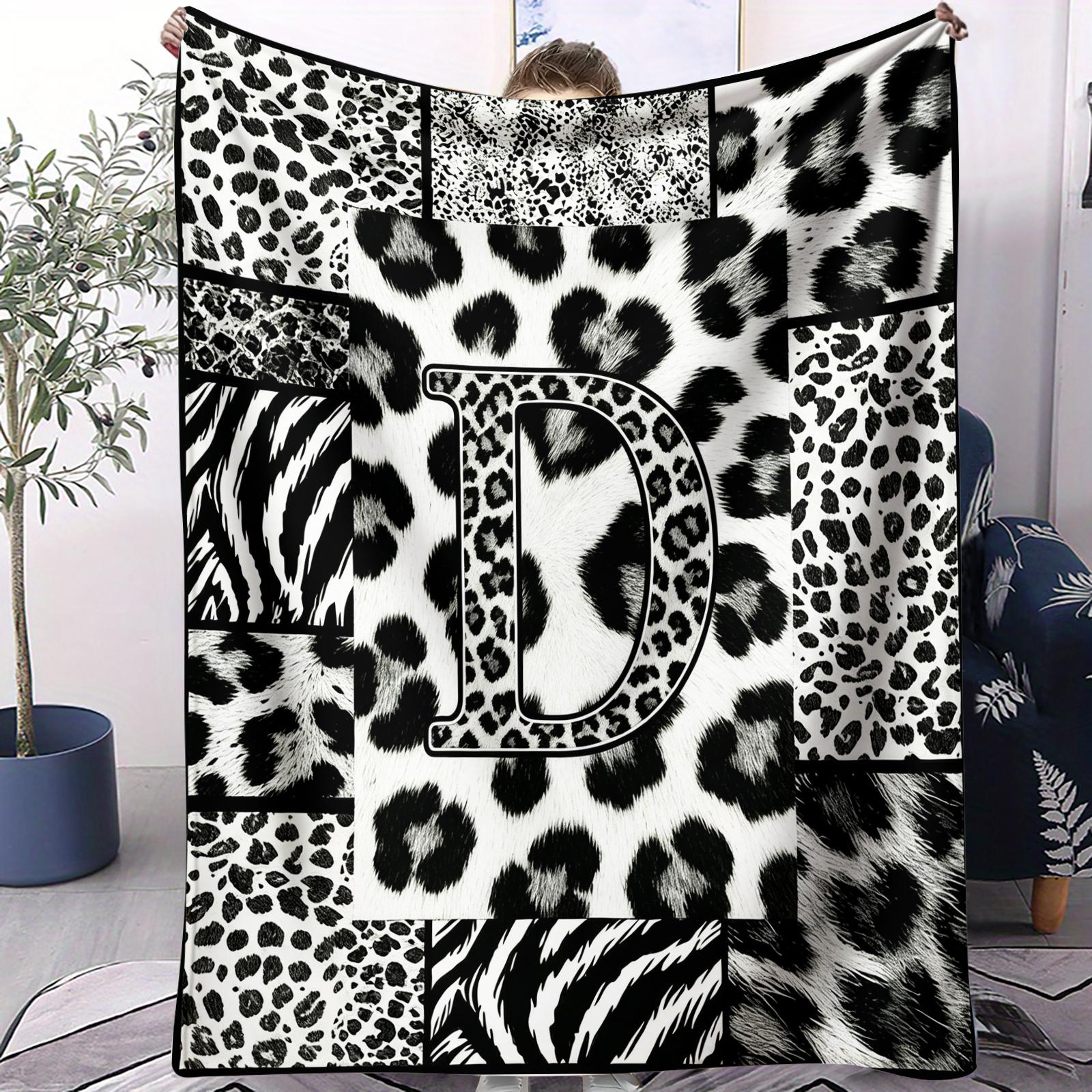 Custom Initial Animal Print Throw Blanket, Trendy Patchwork Visual Impact, Skin-friendly Breathable Lightweight, Perfect for Rental Bedroom Daily Use