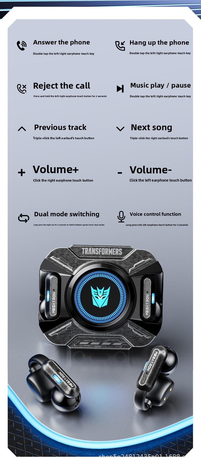 Transformers TF-T93 Ear-Clip True Wireless Bluetooth 6.0 Earbuds with Mic, Zinc Alloy Armor Case, Low Latency Game/Music Modes, Hi-Fi 12mm Drivers, Secure Fit Sports Earphones (Megatron Black)