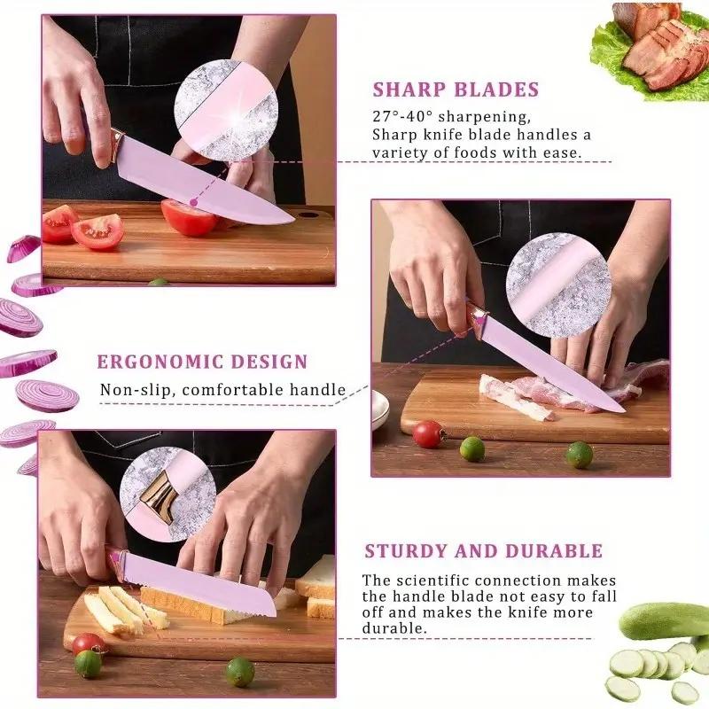SpringBreak Kitchen Knife Set with Heat-Resistant Silicone Cutlery & Wooden Handles - Includes Chef Knife, Easy to Clean - Ideal Gift for Women on New Year, Valentine's Day and More Cookware Pink Utensils Cooking pots pans set Modern Home Grey Nonstick