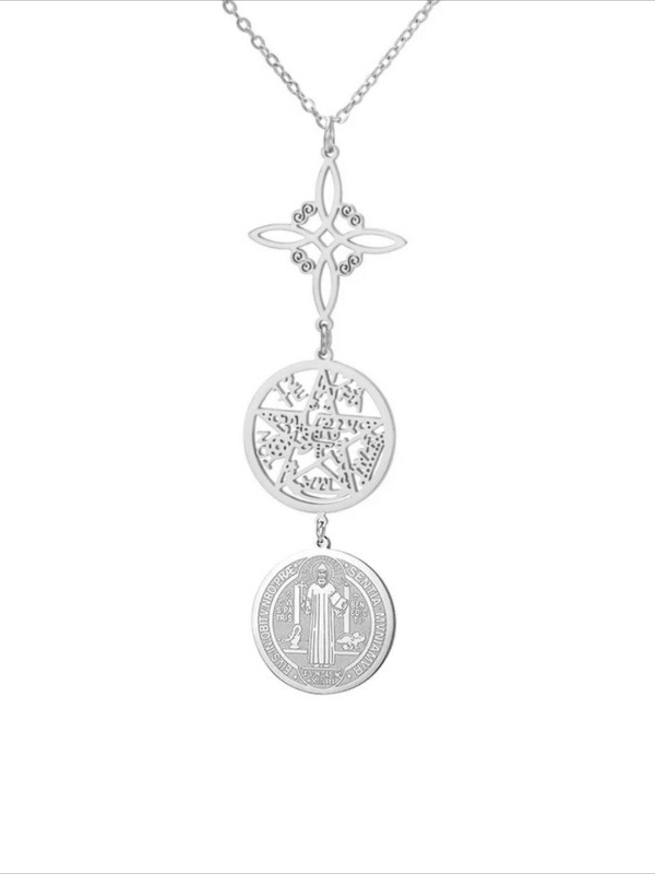 The witch's four-line diagram and the Benedict saint pendant necklace, a triple-protective amulet, 45 cm stainless steel chain, a spiritual jewelry gift, Cross Charm Necklace
