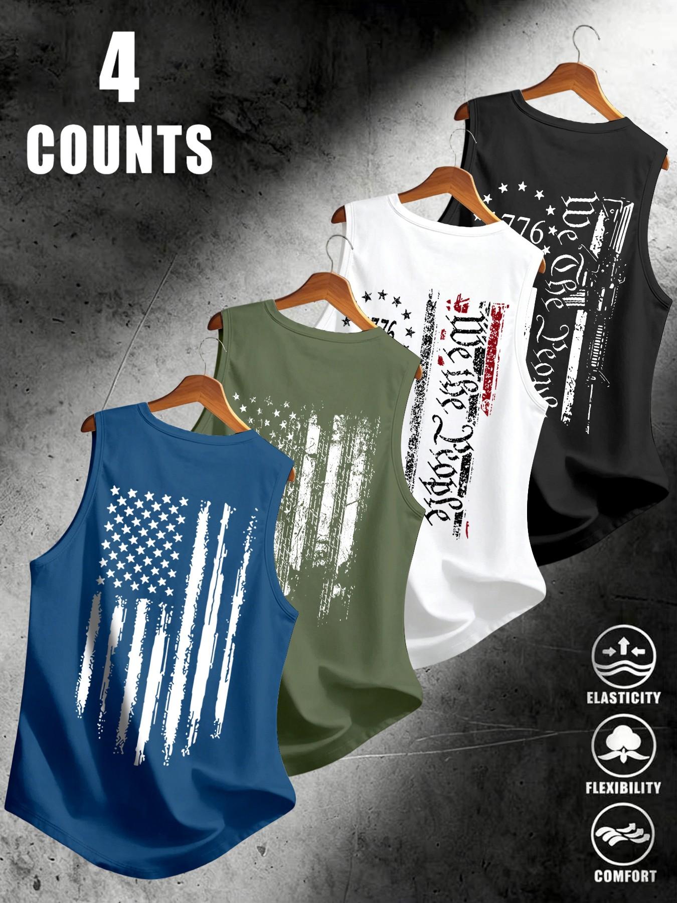 American Flag Print Men's Sleeveless Vest Set of 4, Breathable Stretchy Fabric, Sporty Fit, Comfortable Fashion for Daily Street Wear