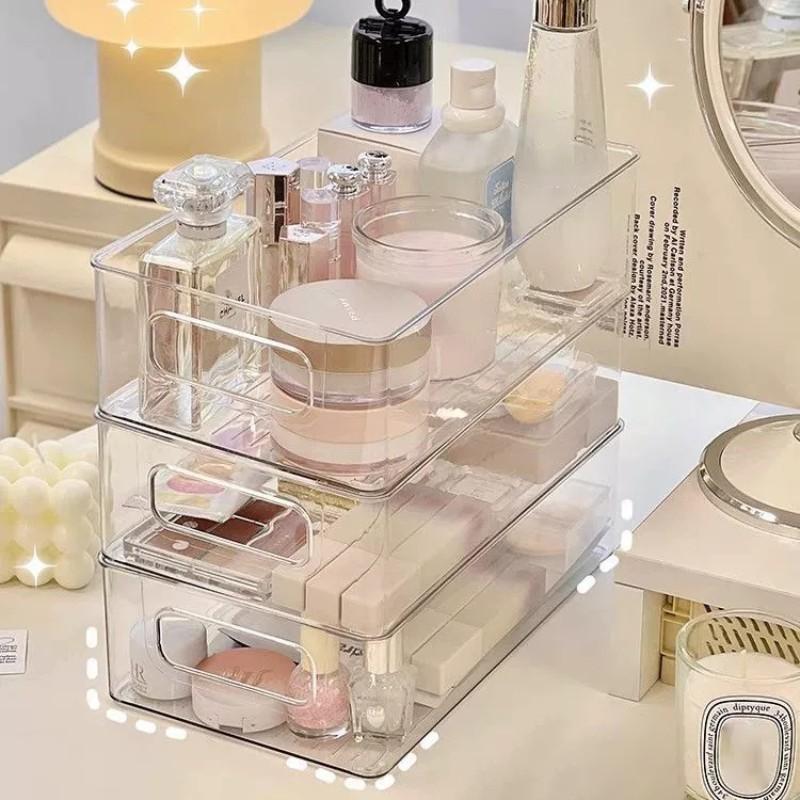 Transparent Cosmetic Organizer Shelf, Stackable Desktop Storage Box, Office Makeup Jewelry Tray, Kitchen Food Container with Handle