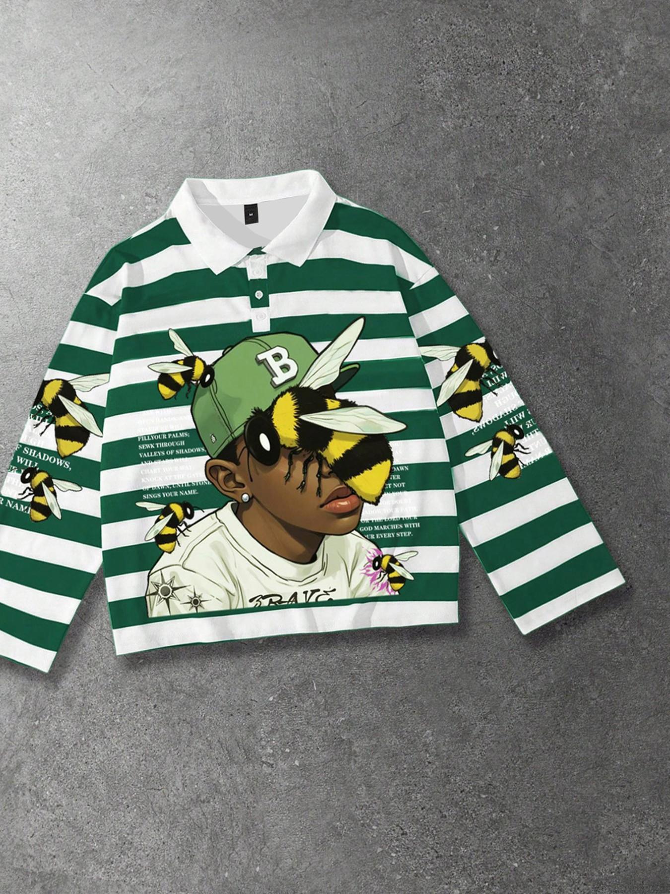Rapper green striped polo long sleeved men's t-shirt, unisex short trendy brand shirt, Rapper bee print pattern striped polo collar long sleeved shirt collar t-shirt European and American street style Polo Shirts