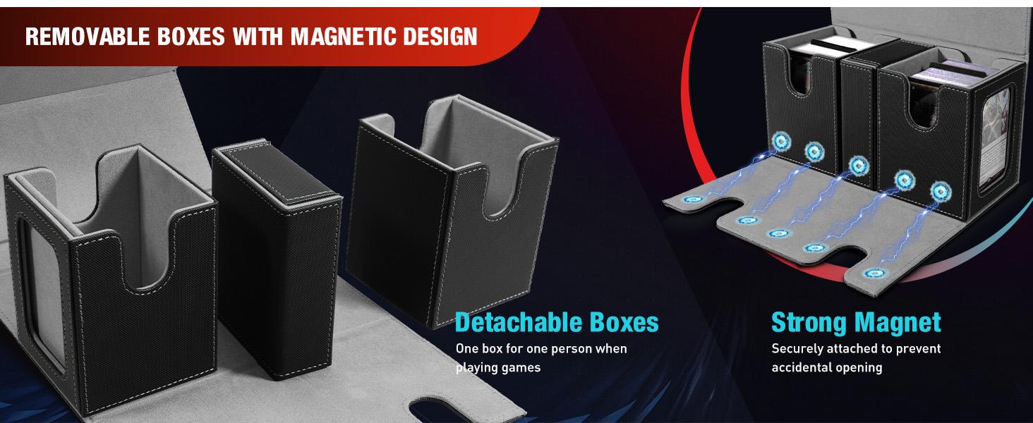 MTG Deck Box, Commander Deck Case Fits 200+ Double-Sleeved Cards, Magnetic Leather Card Storage Box with 2 Commander Display & 4Dividers & Dice Tray Fit YuGiOh TCG CCG Magic Cards, Black+Blue