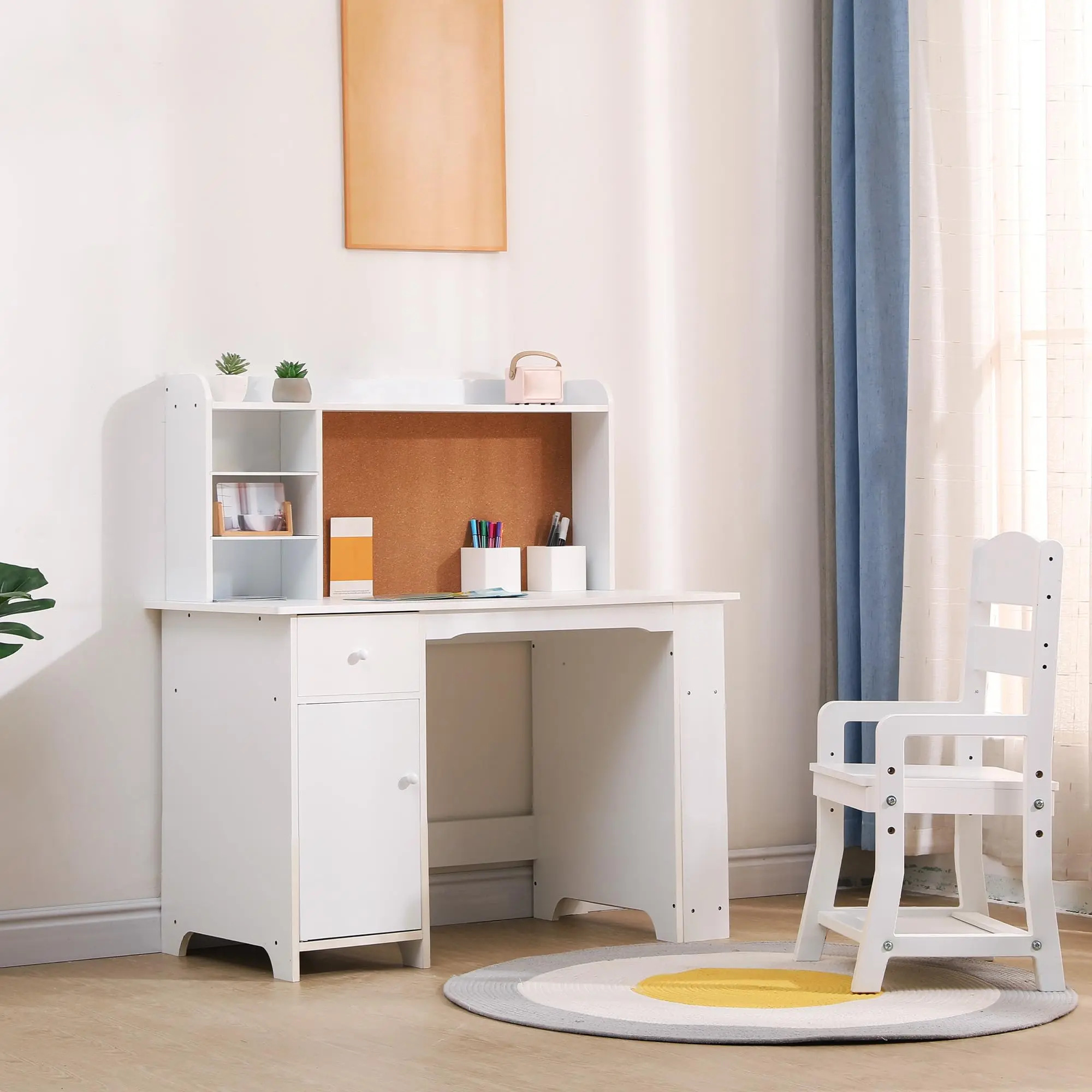 Garvee White Study Desk and Chair Set Featuring Bookshelf, Bulletin Board, Cabinets, and Drawer - Ideal for a Productive and Organized Learning Space