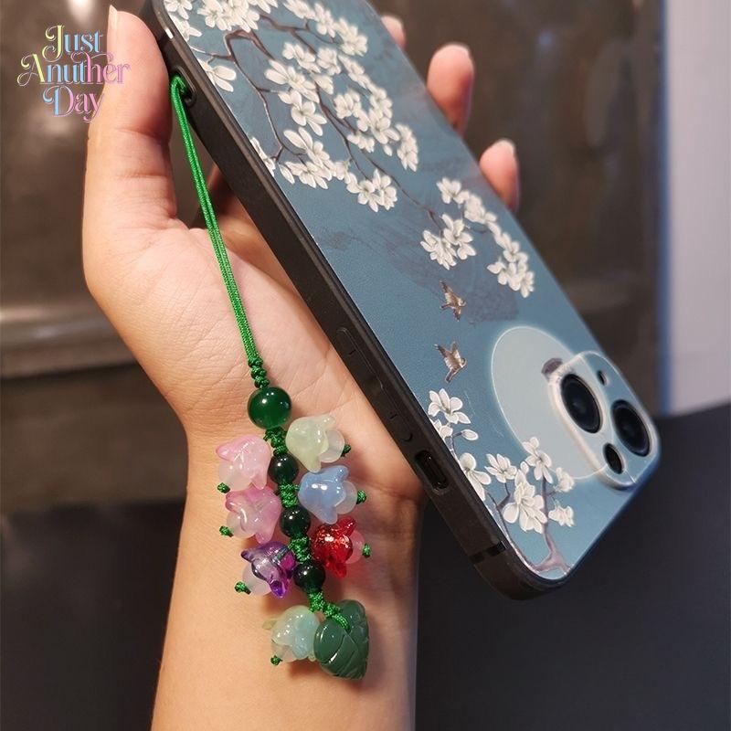 Lucky Bell Orchid Glass Charm, Aesthetic Lily of the Valley Phone & Bag Pendant, Feng Shui Green Flower Accessory for Phones, Bags & Keys