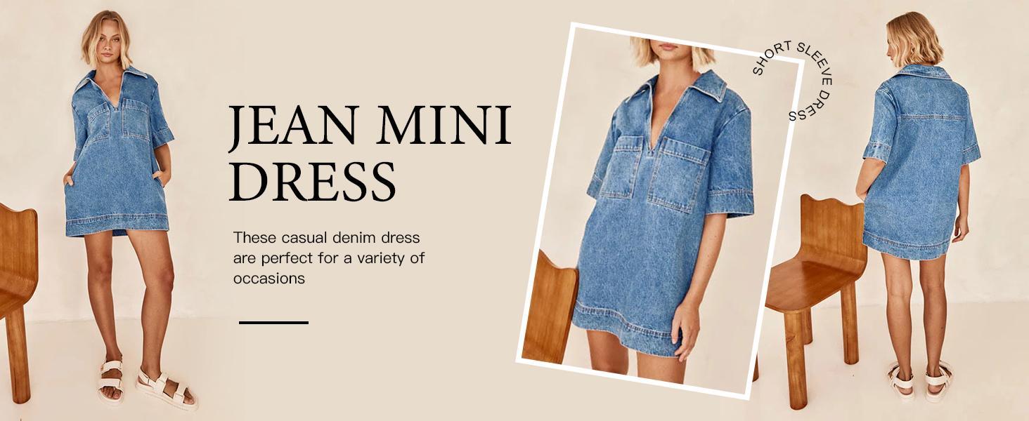 FMEYOA Womens Denim Shirt Dress Summer Collared V Neck Mini Casual Jean Dresses with Pockets