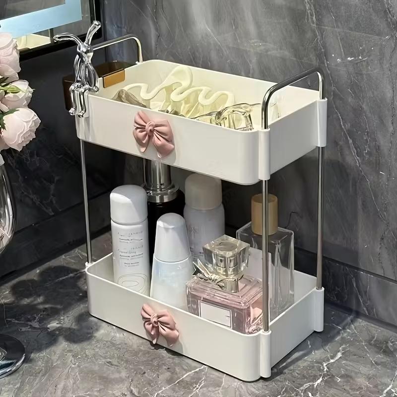Two-Layer Makeup Storage Box with Rabbit Bow Decor, Multifunctional Bathroom Organizer, Compact Space-Saving Design, Perfect Gift