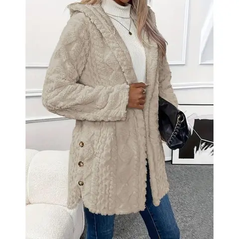 VVZ 2026 Women Fall Winter Fuzzy Hooded Button Cardigan, Oversized Long Sleeve Coat, Soft Warm Aesthetic Casual Outerwear, Loose Fit for Daily School Outfits