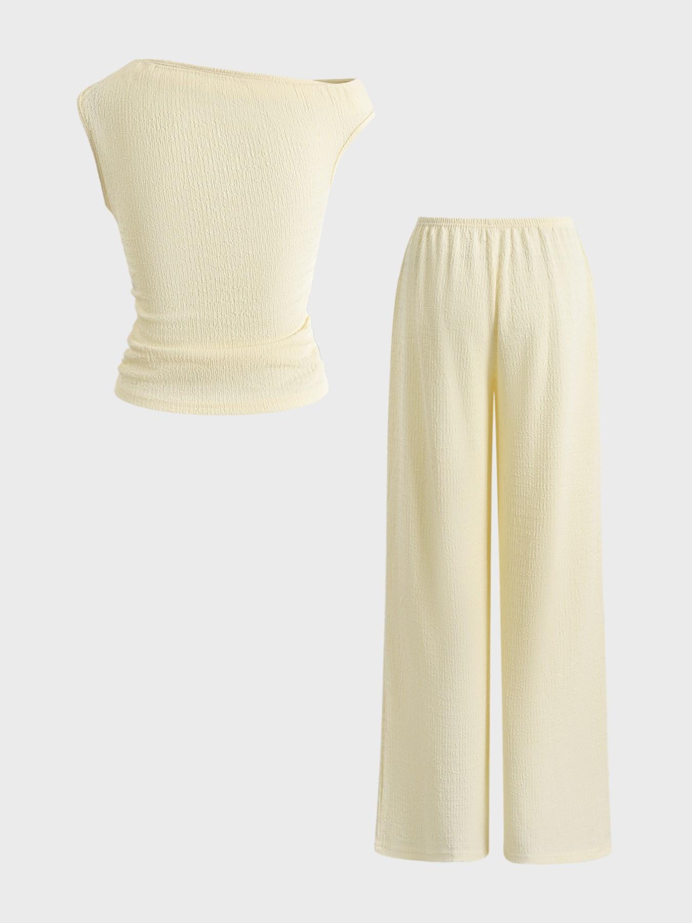 Women's High-Waisted Loose-Fitting Two-Piece Set, Casual Plain Design, Regular Fit Long Pants & Top Combo, Daily Wear