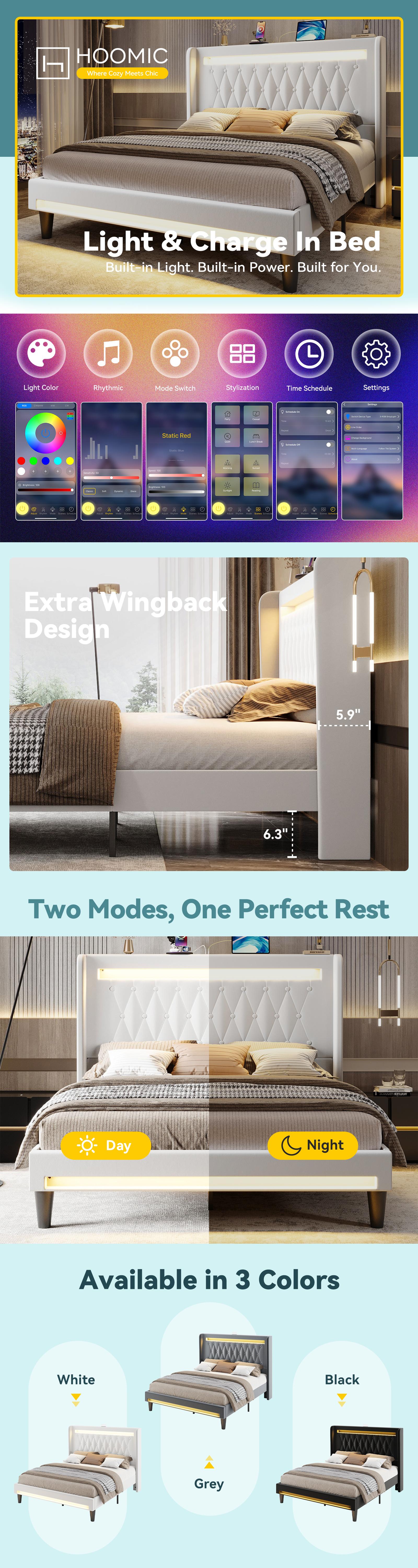 HOOMIC Upholstered Platform Bed Frame【Frame Only No Mattress】with High Wingback Headboard,Dual LED Light Strips,Dutch Velvet Diamond Tufting,Full/Queen/King,Black/White/Grey,No Box Spring Needed