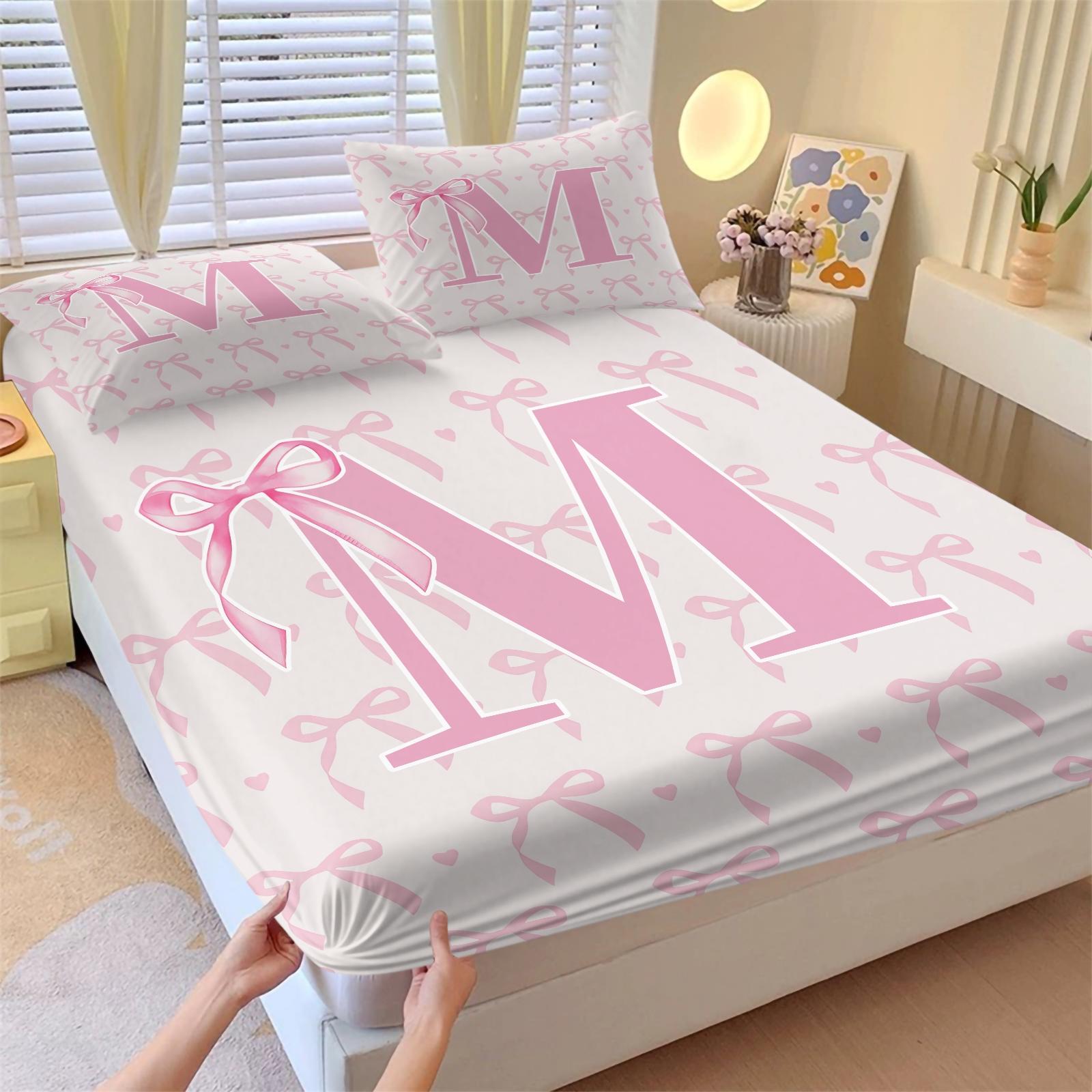 3Pcs Pink Romantic Ballet Bow Alphabet Fitted Sheet Set, For Kids Bedroom & Homestay, Elastic Wrap Around Mattress, Perfect for Housewarming, Birthday & Christmas Gifts