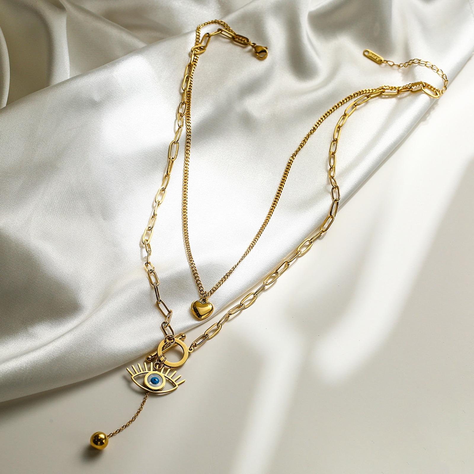 Women's Vintage Luxury Gold Evil Eye Bead Layered Titanium Steel Collarbone Chain, Sports & Outdoor Accessory