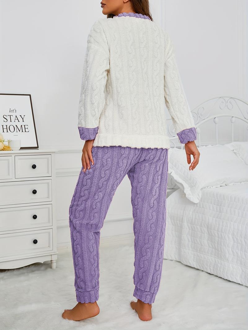 Women's Fleece Lined Sleepwear 2 Piece Set, Long Sleeve Pocket Top & Relaxed Fit Pants for Home Use, Autumn Winter Pajama Set