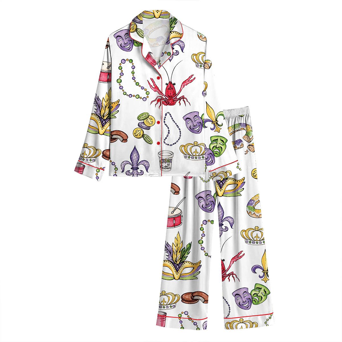 Mardi Gras Beads King Cake Crawfish Pajama Set For Women Print Comfy Satin Sleepwear & Loungewear Pjs Short Sleeve Top & Bottoms Shorts Without Pockets - SHESHOW