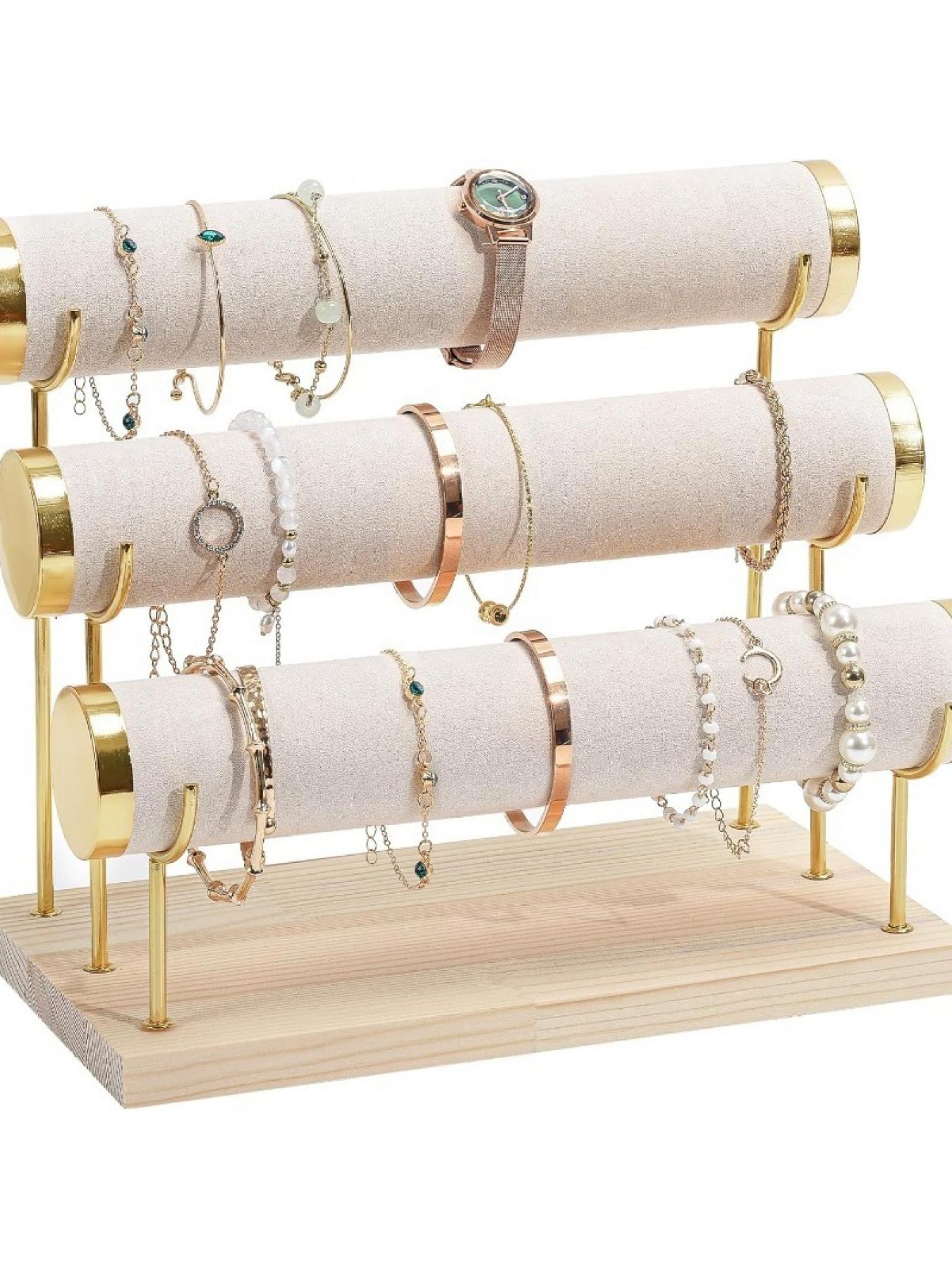 1 Pack 3-Layer Velvet Bangle Bracelet Stand with Detachable Rod Travel Home Jewelry Hanging Organizer for Bangles and Watches Beige Pink